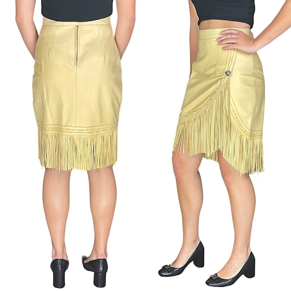 VINTAGE CONTINENTAL LEATHER SOUTHWEST BOLERO FRINGE CONCHO LAMB JACKET SKIRT SET - Picture 3 of 16